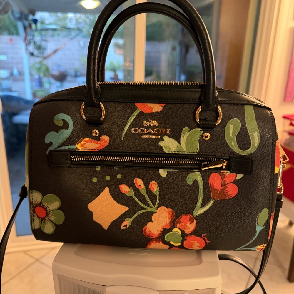 Coach Navy Blue Satchel with Colorful Floral Design